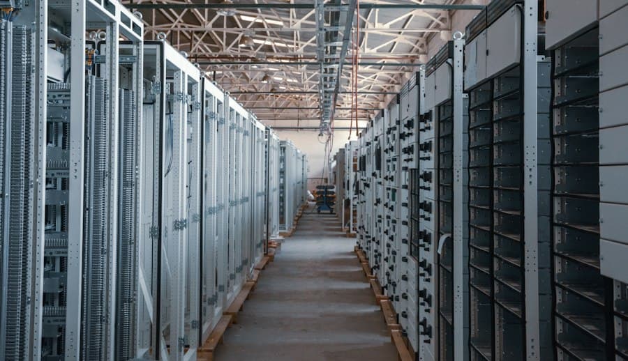 Aisle of server racks in a modern data centre