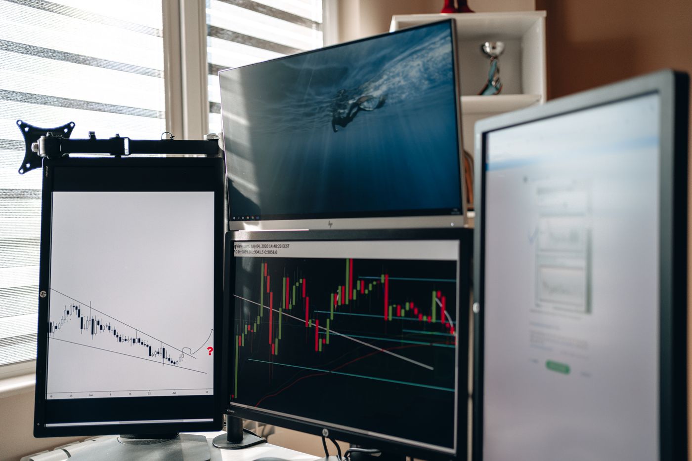 Monitors showing financial charts on a desk