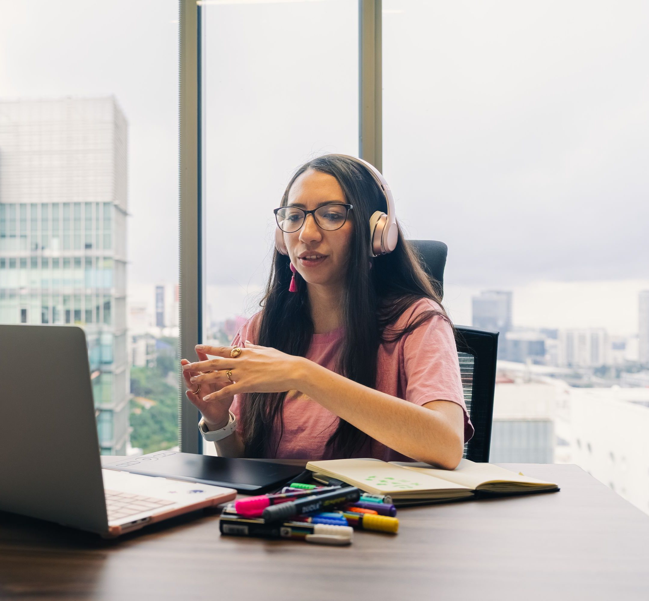 Sales rep on a headset during a customer call