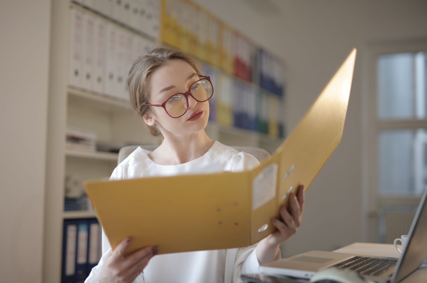 Professional reviewing a folder of business documents