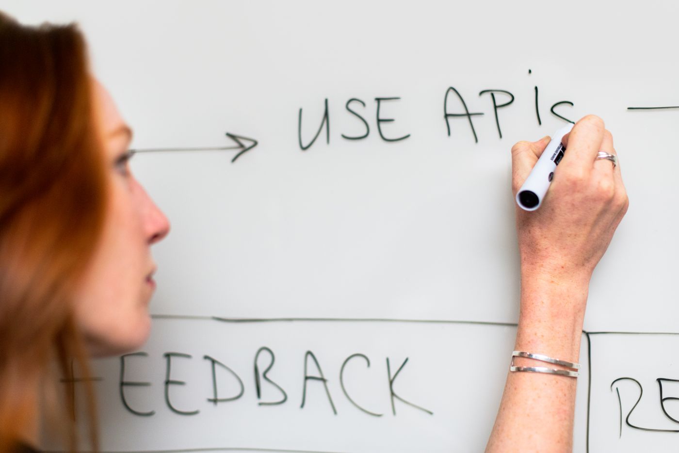 Engineer planning API integrations on a whiteboard