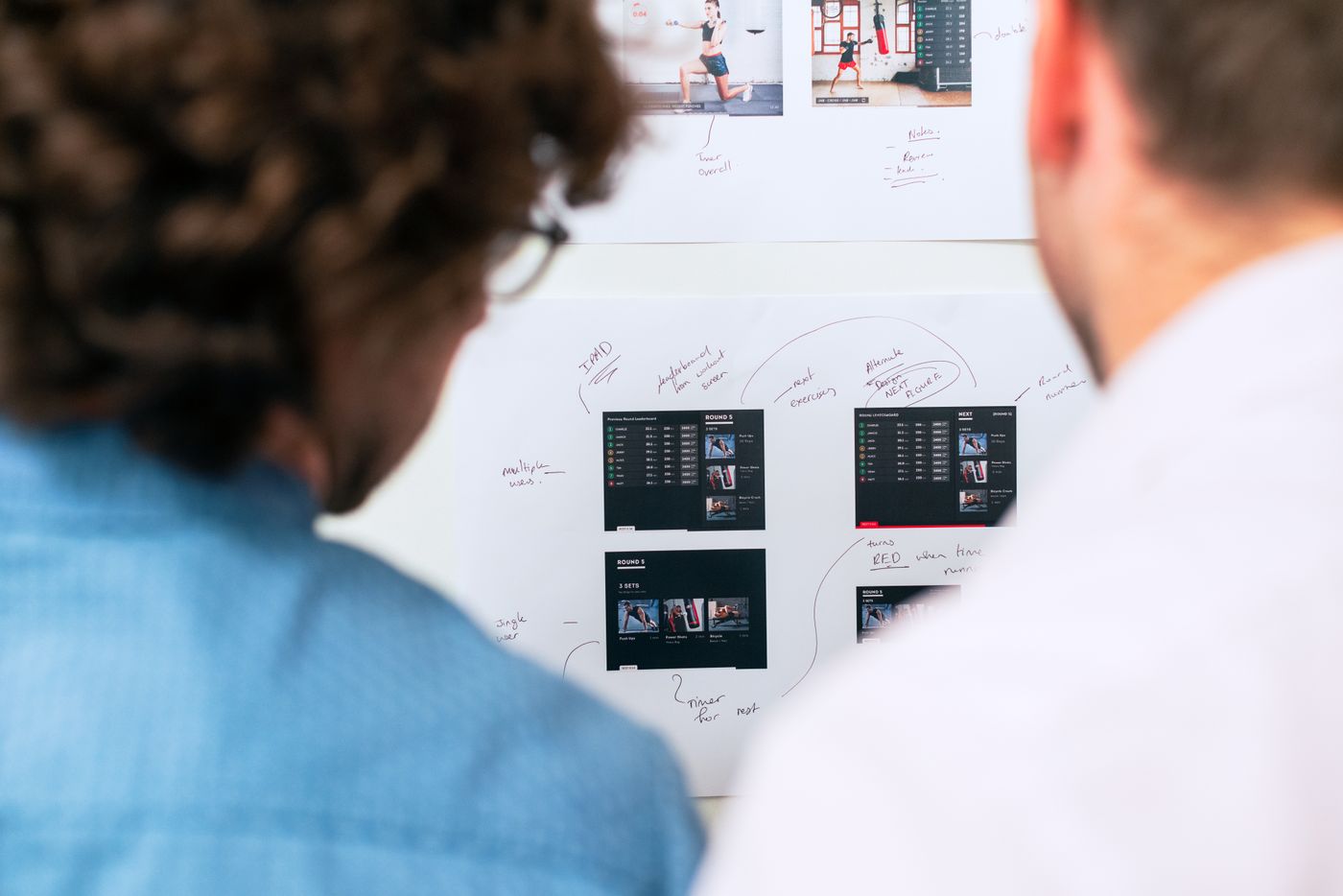 Two consultants reviewing a solution plan pinned to an office whiteboard