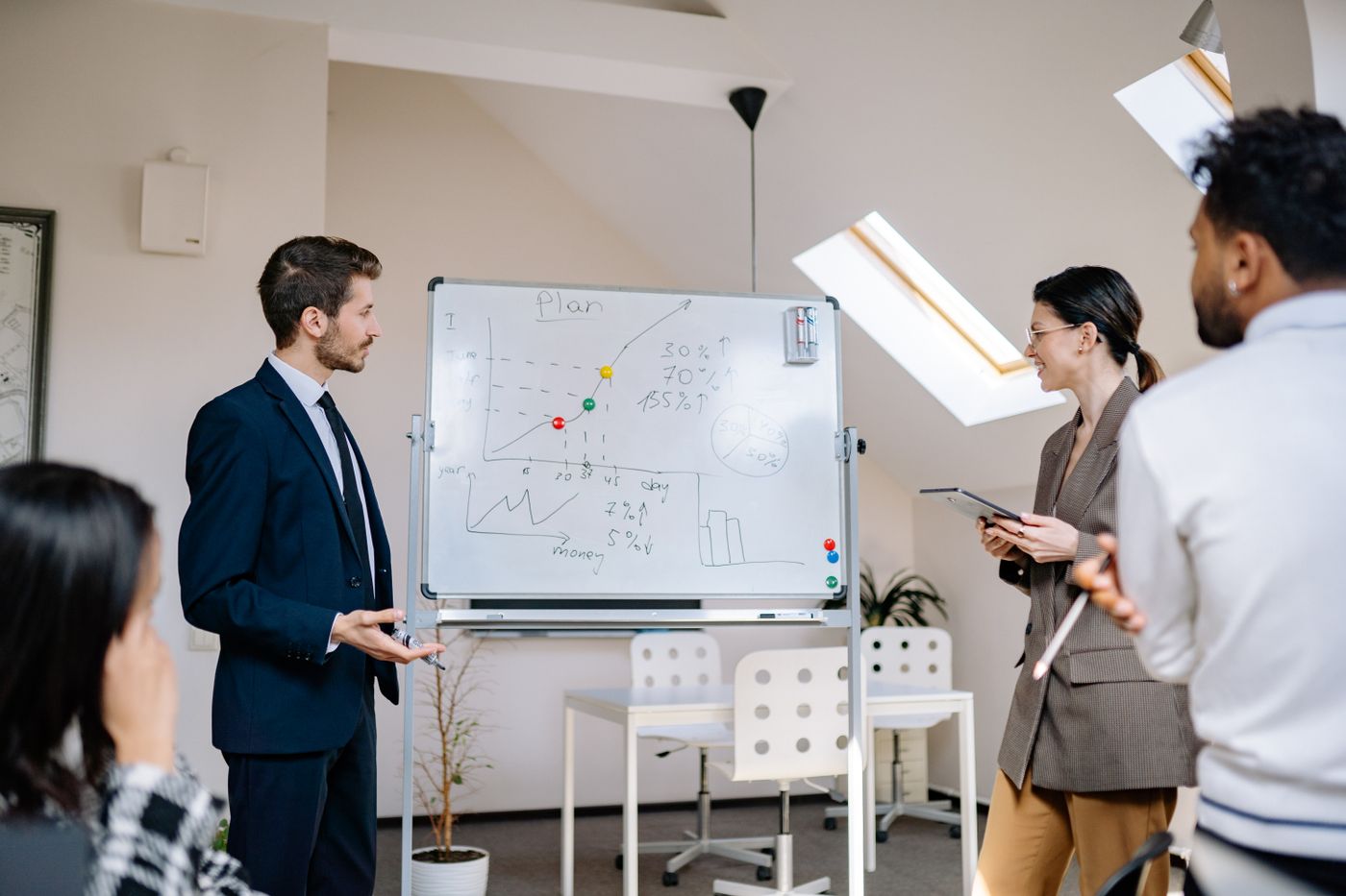Team working through a go-to-market plan at a whiteboard