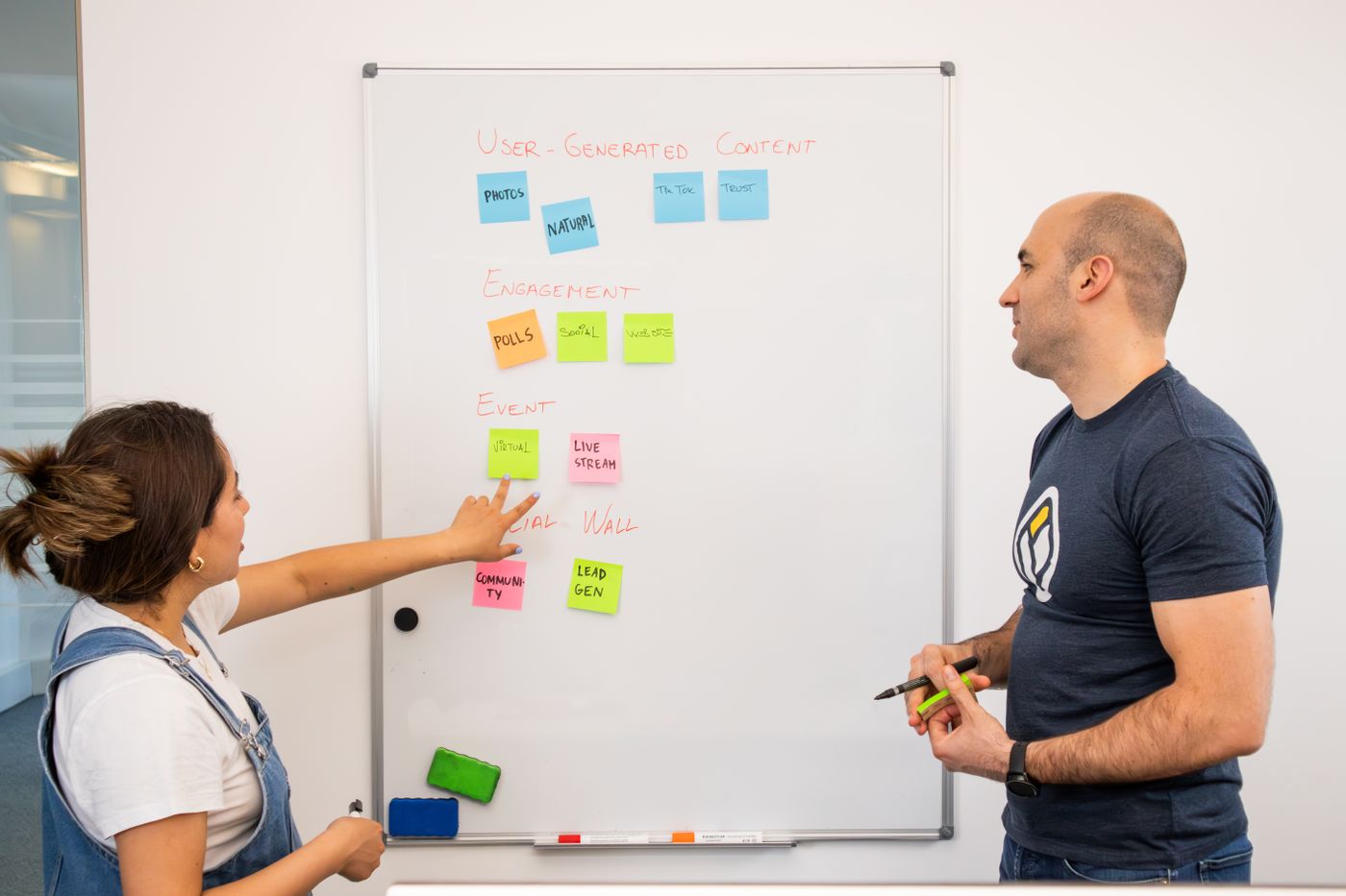Two consultants planning an automation strategy on a whiteboard