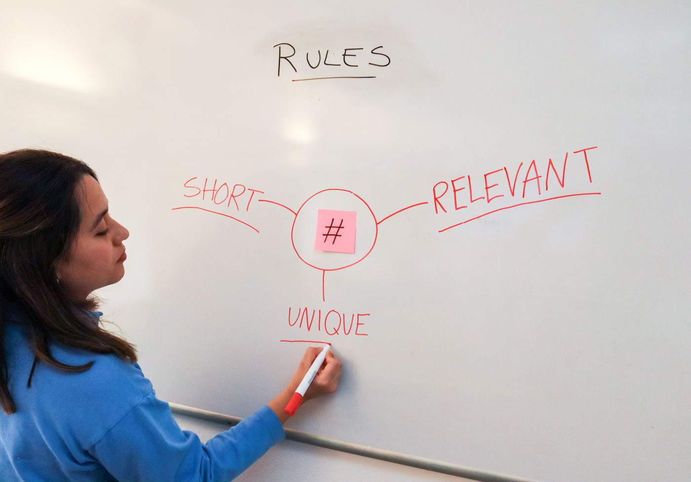 Strategist mapping message pillars on a whiteboard