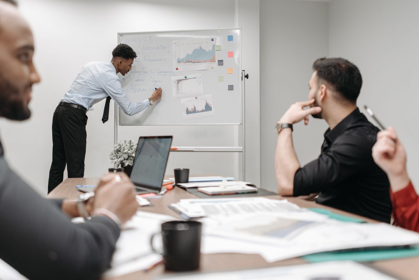 Team reviewing an orchestrated workflow on a whiteboard