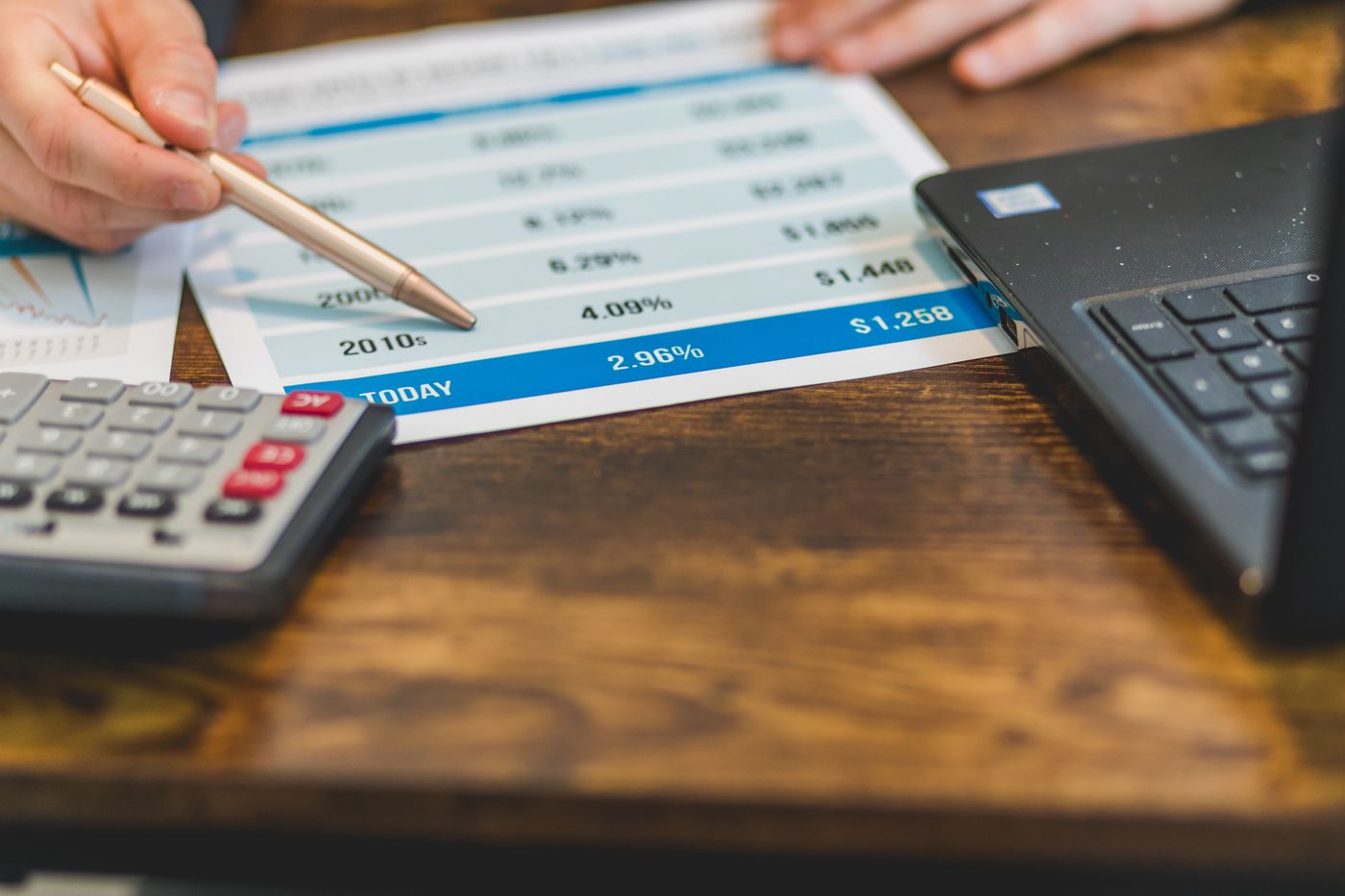 Hand marking up a CRM data report beside a calculator