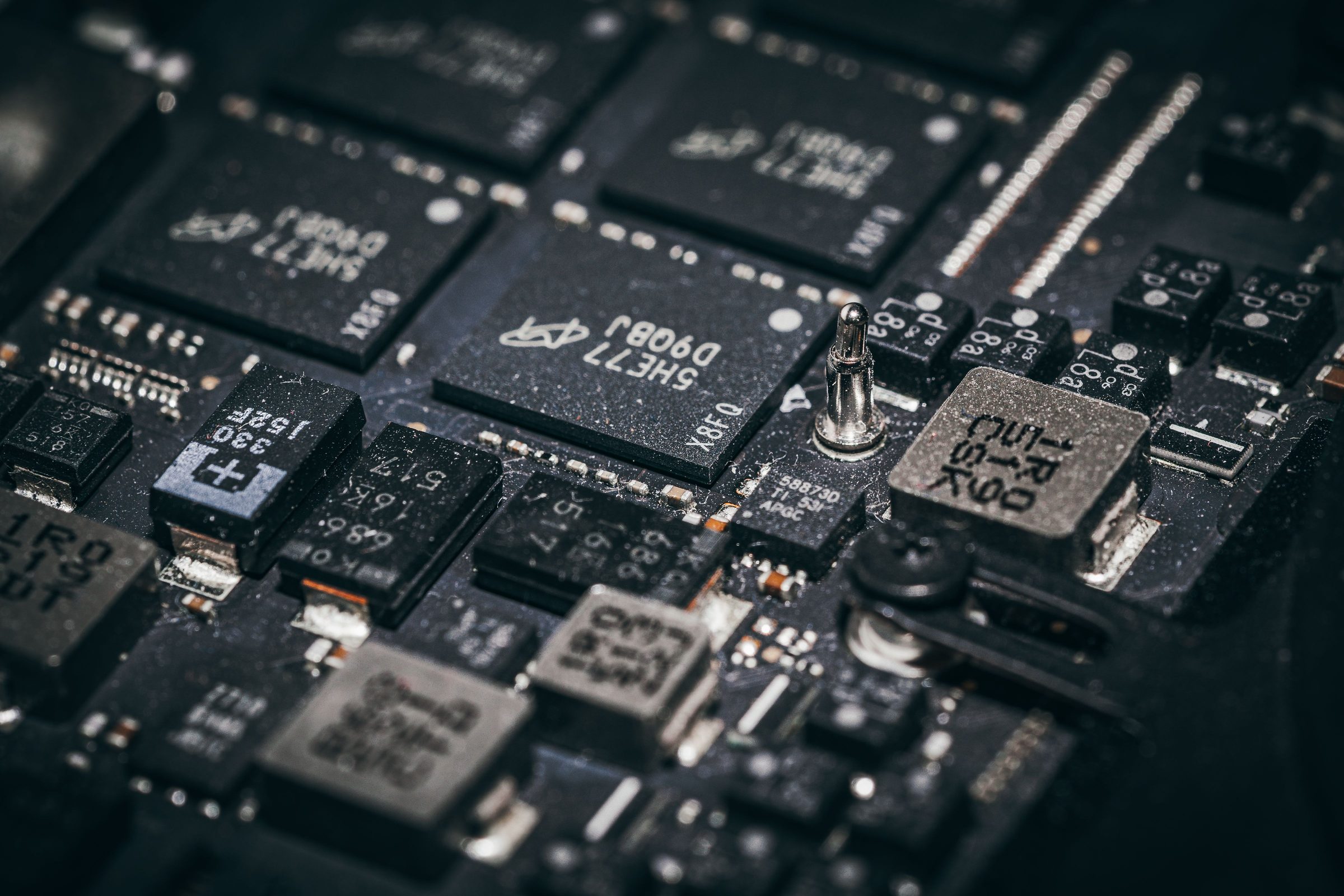Close-up of processor and memory chips on a server circuit board