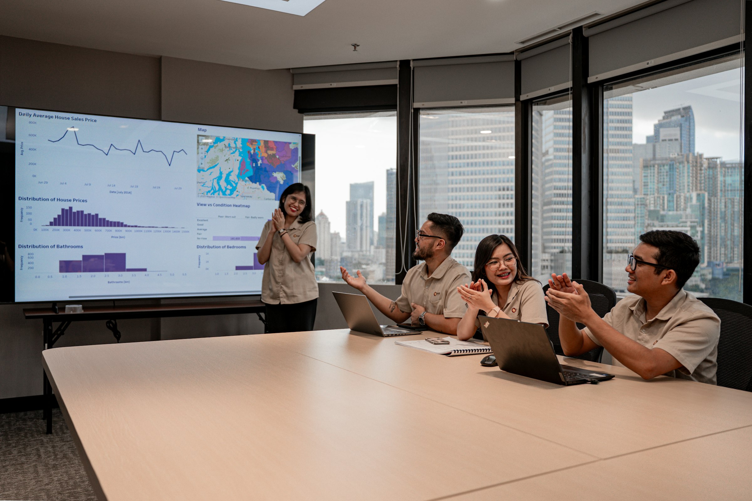 Data team reviewing dashboards on several screens
