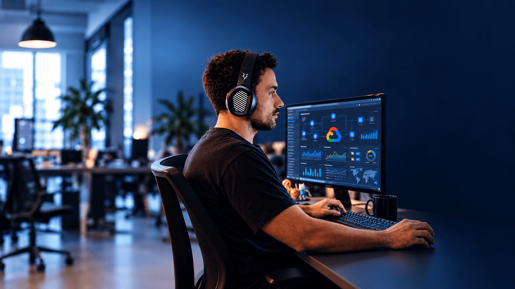 Engineer working at a monitor displaying a Google Cloud infrastructure dashboard