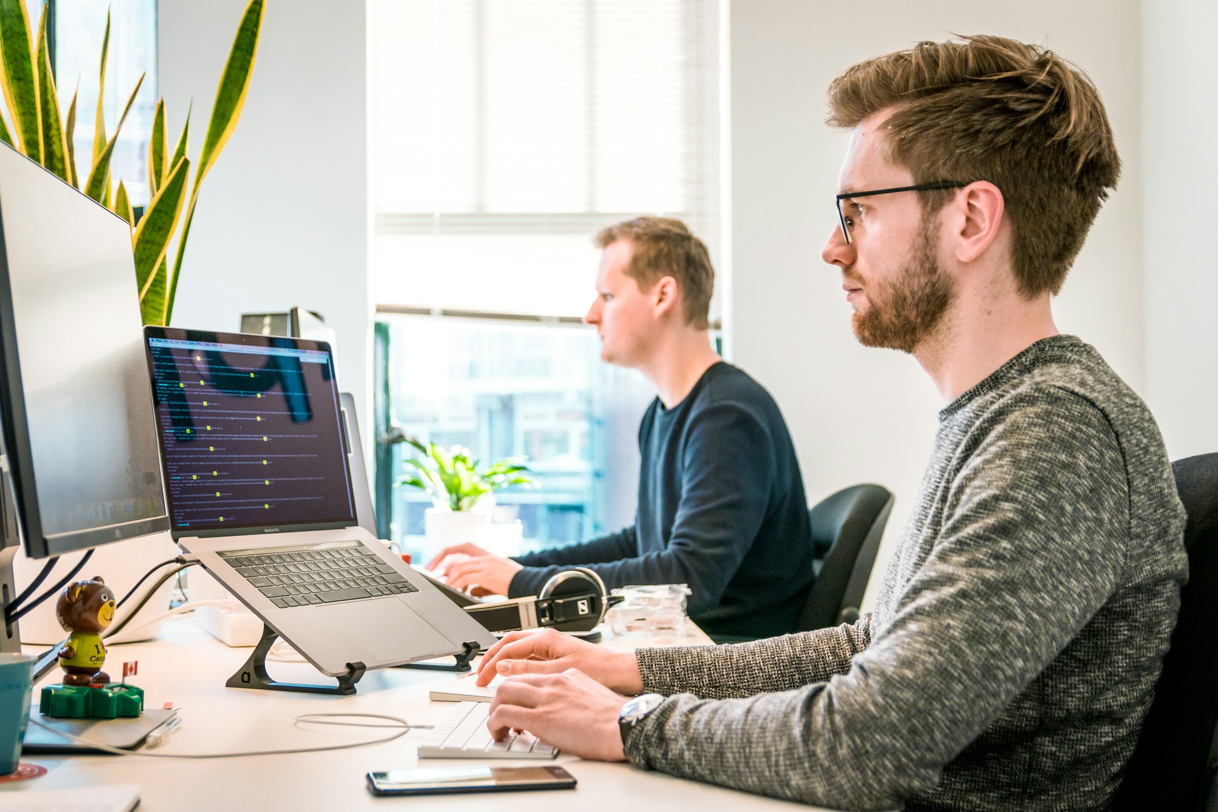 Two IT professionals working at monitors in a bright, window-lit office