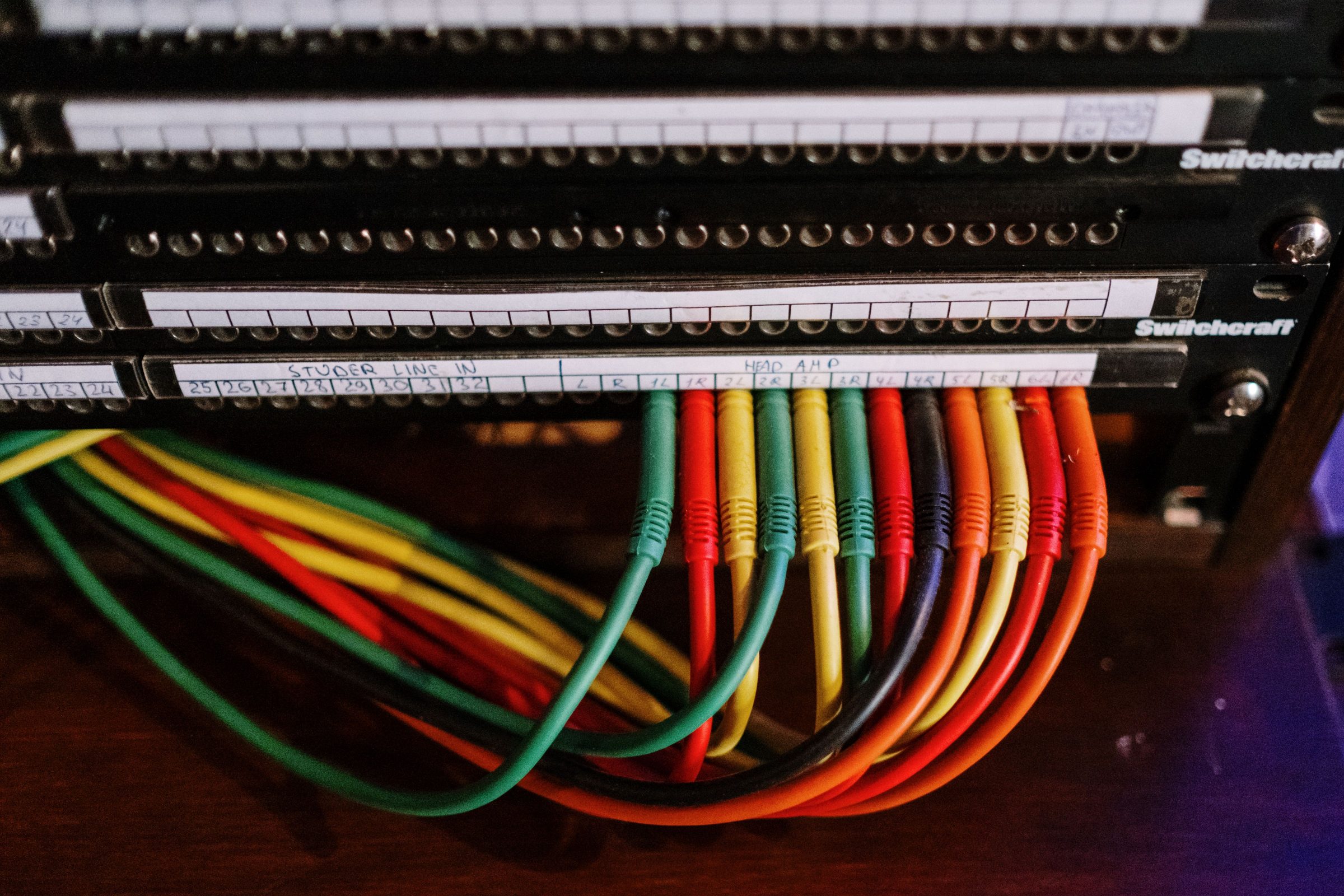 Colour-coded network cables patched into a rack