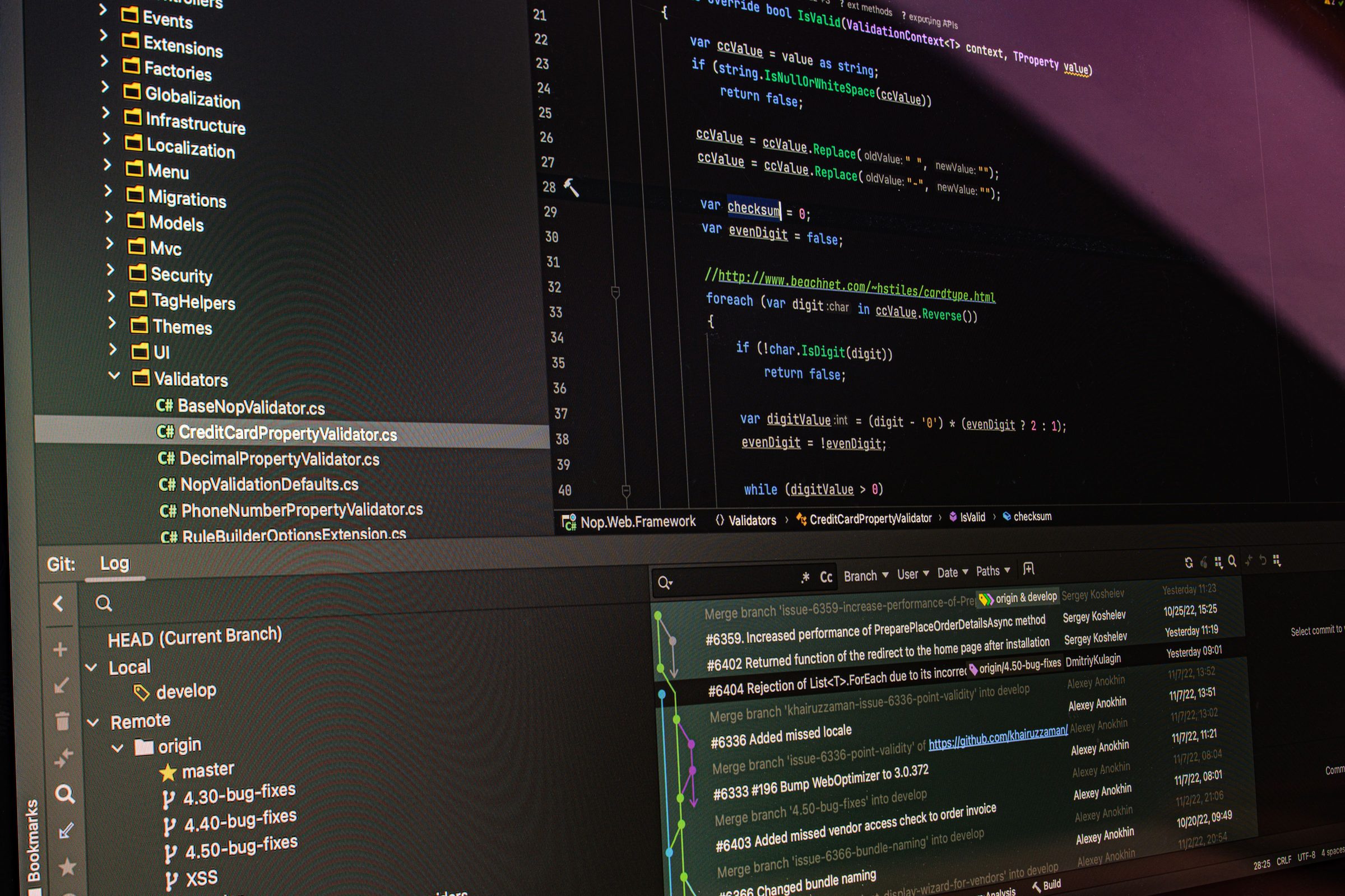 DevOps source control: an IDE showing code beside its branch history and remote repository