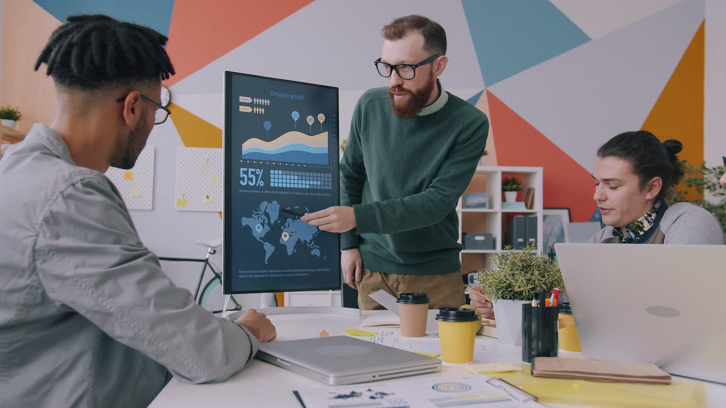 Product team reviewing a dashboard on a large screen