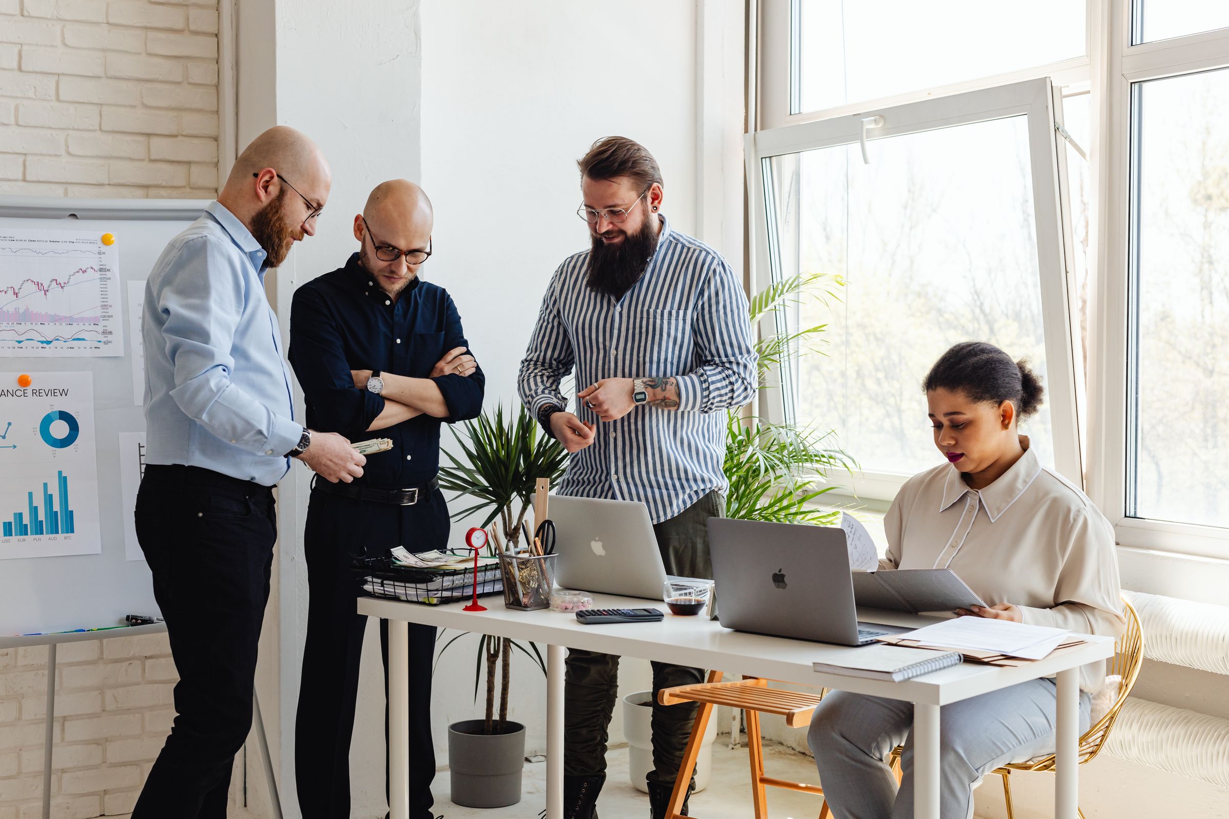 Professionals collaborating in a bright office