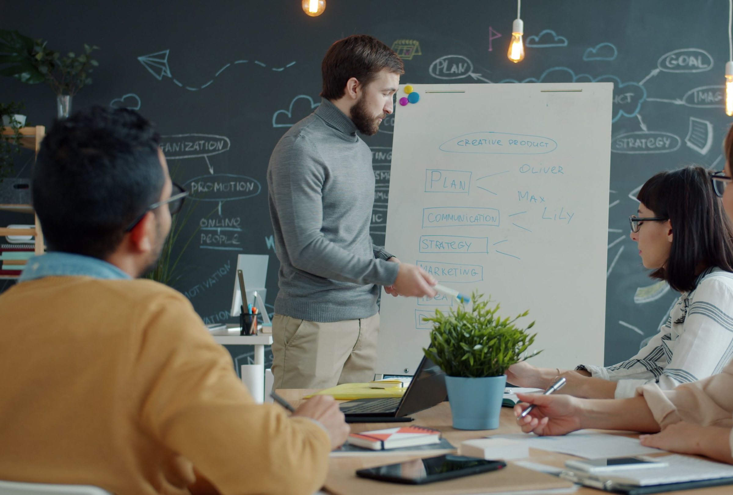 GTM team in a strategy workshop, with a plan, communication and marketing mapped on a board
