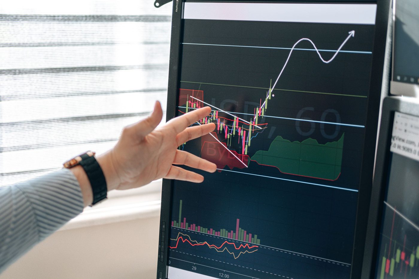 Hand pointing at analytics charts across several monitors