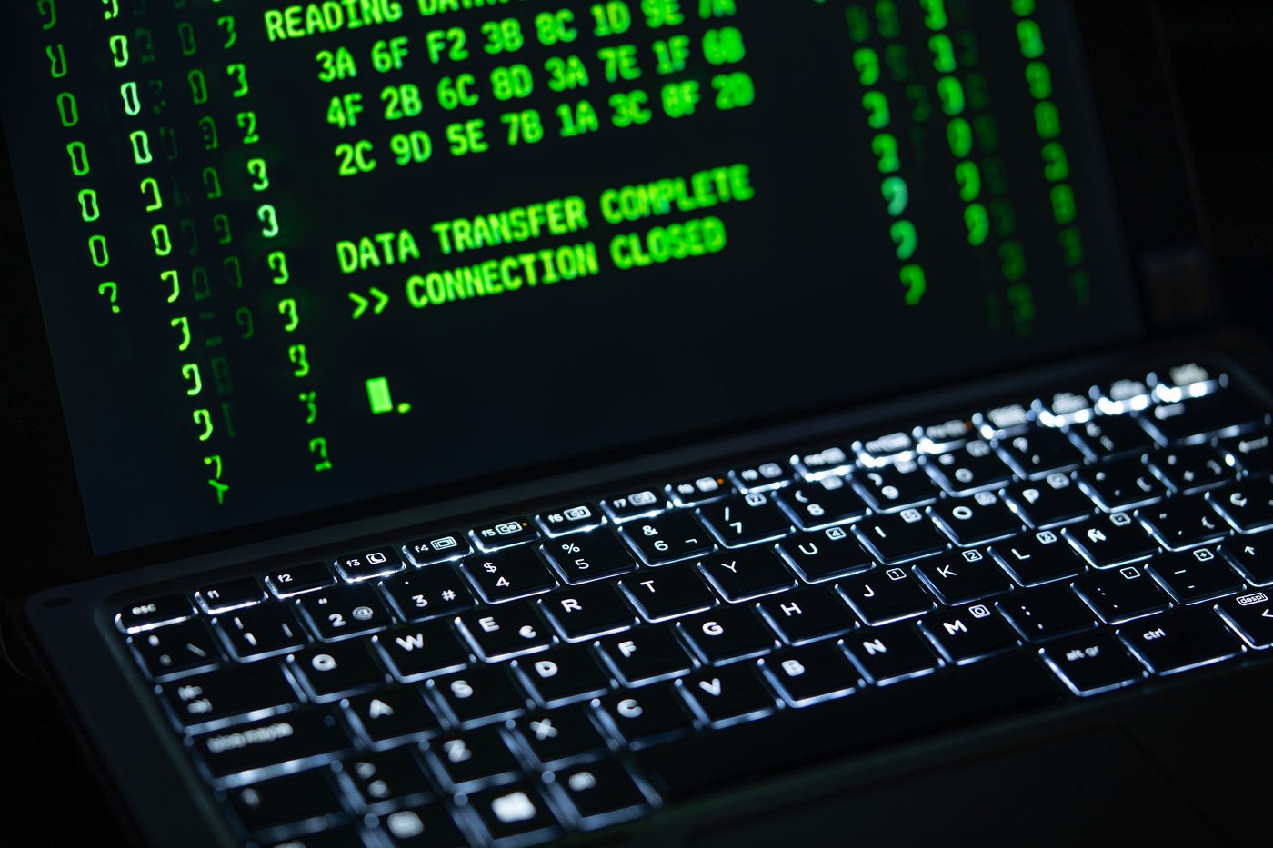 Laptop terminal showing a completed data transfer