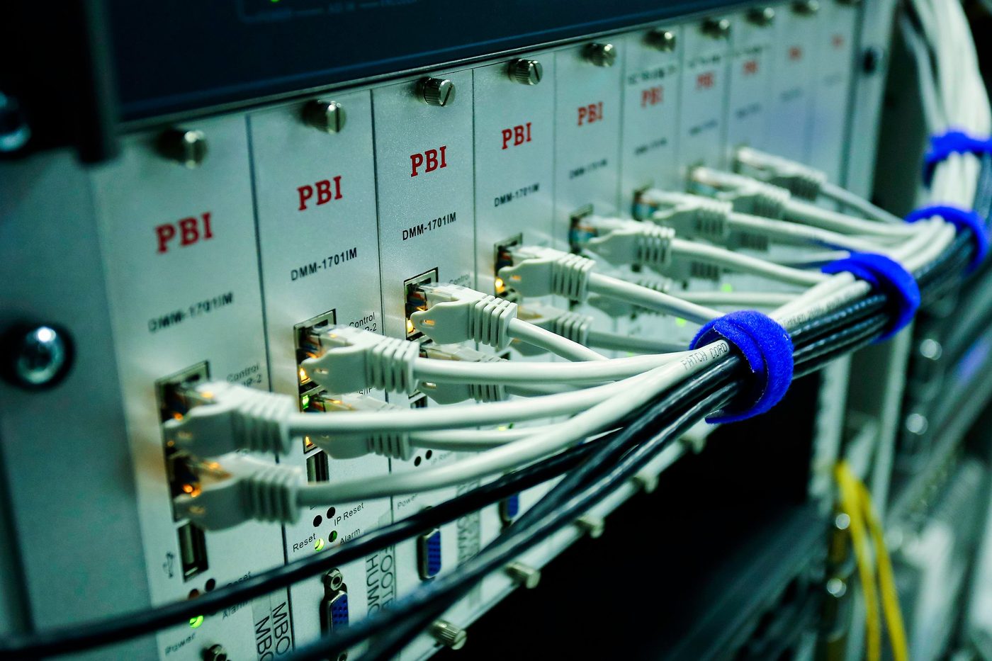 Bundled network cables connected to a patch panel