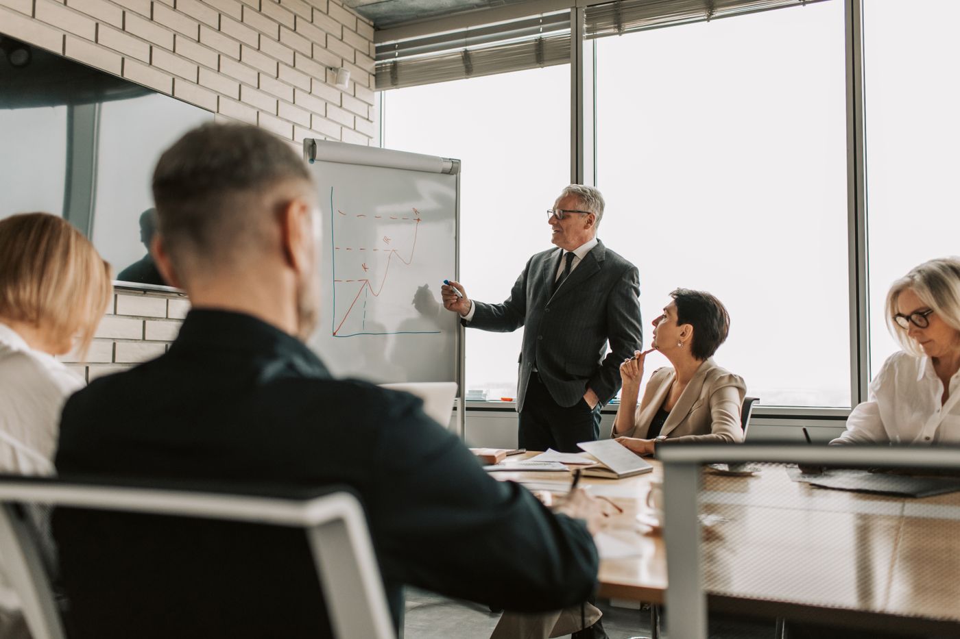 Leader presenting at a whiteboard to colleagues around a meeting table