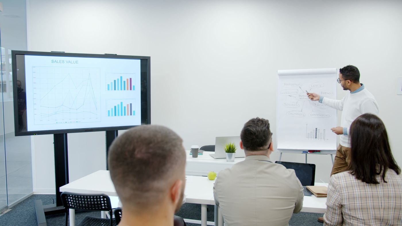 Team reviewing their sales technology in a meeting room