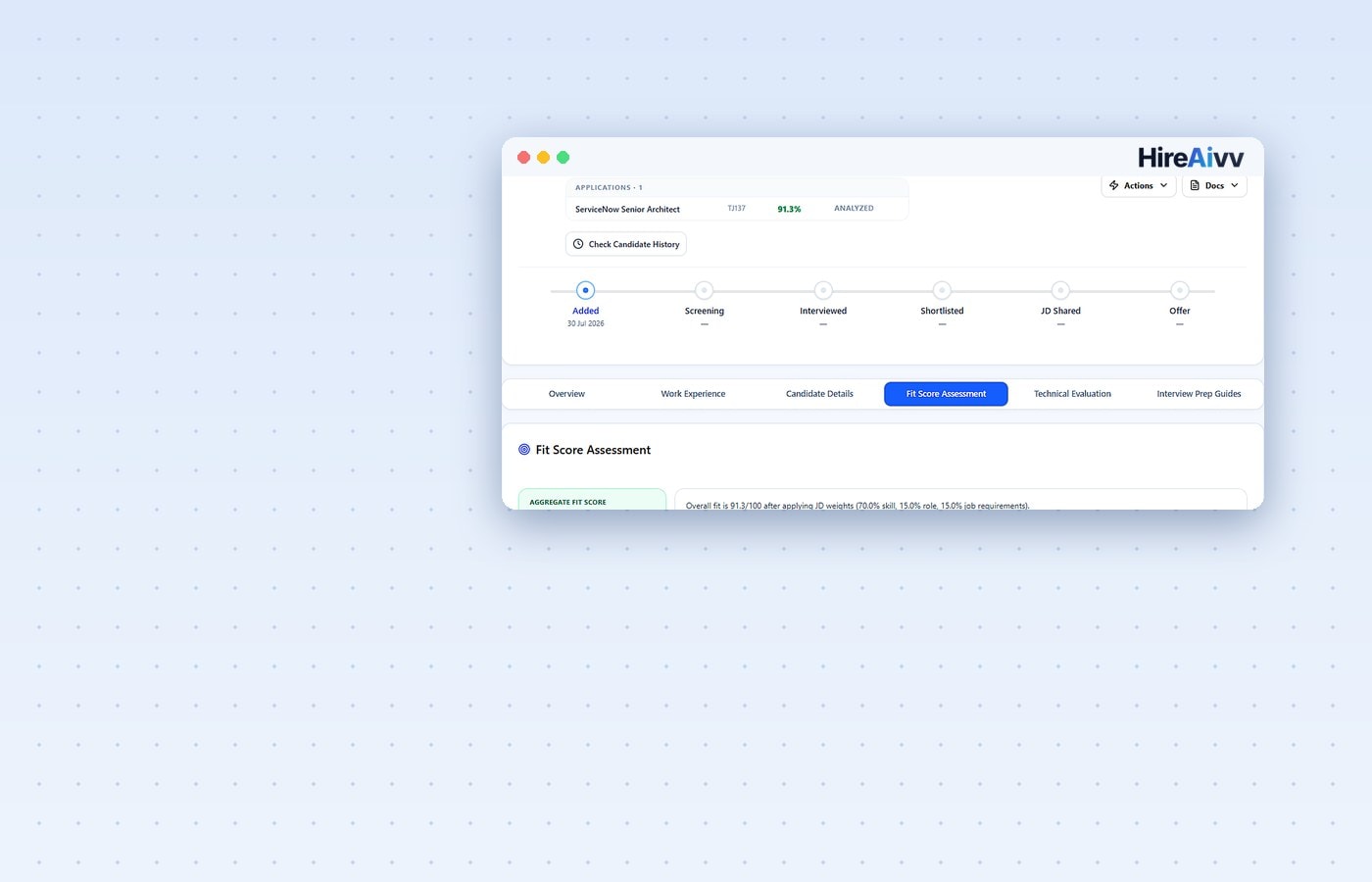 HireAIVV candidate record with its application and hiring-stage tracker