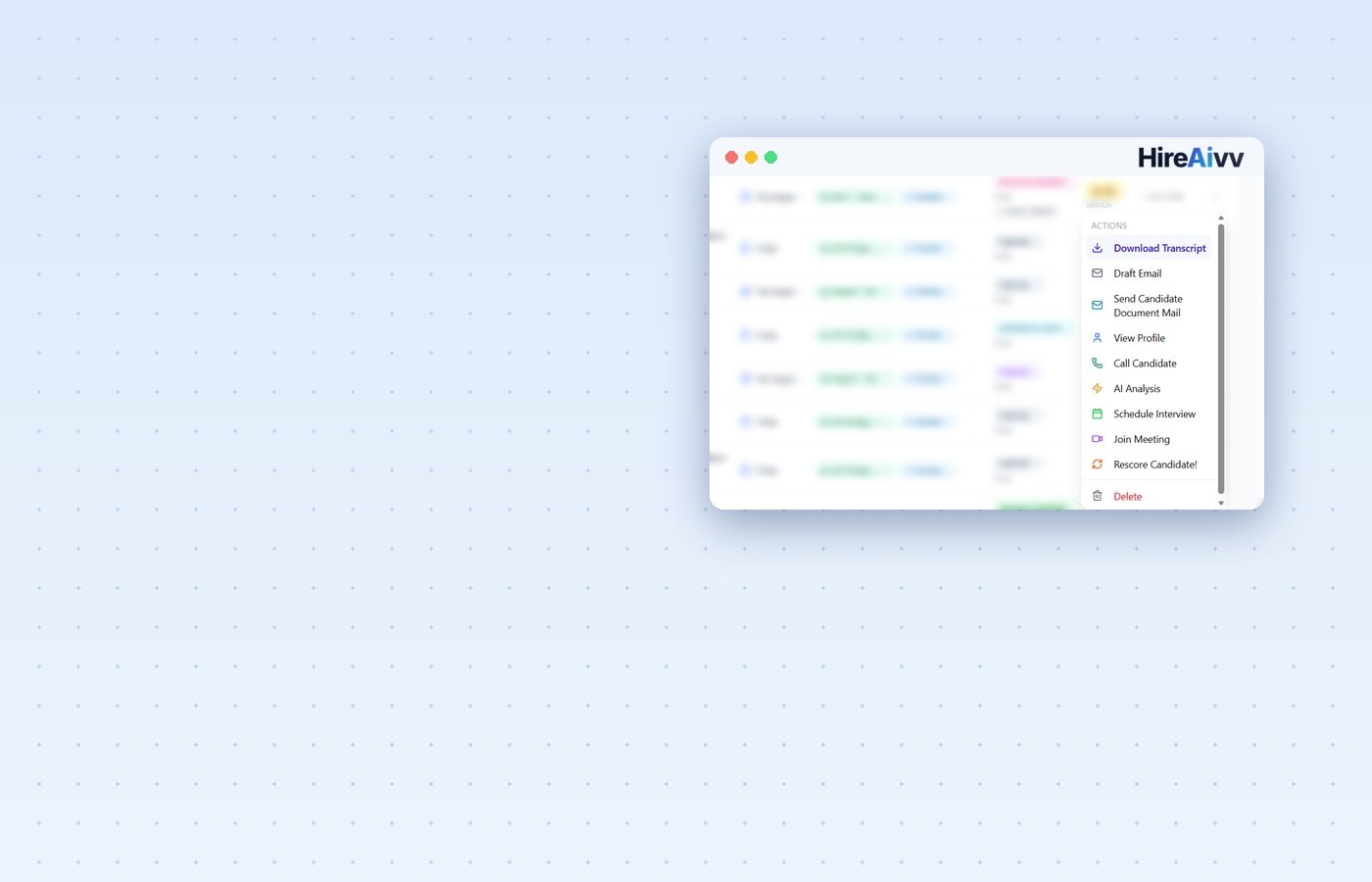 HireAIVV candidate actions for drafting email, scheduling interviews, and AI analysis